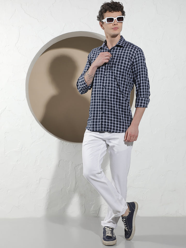 Navy Blue Checked 100% Cotton Shirt