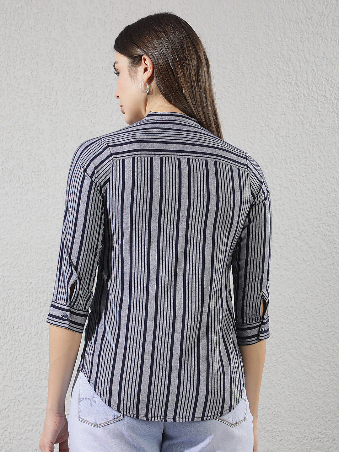 Grey Vertical Striped V-Neck Shirt