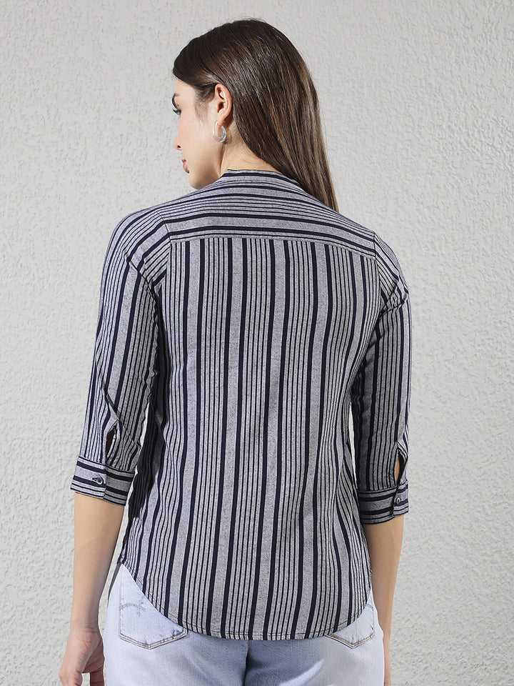 Grey Vertical Striped V-Neck Shirt
