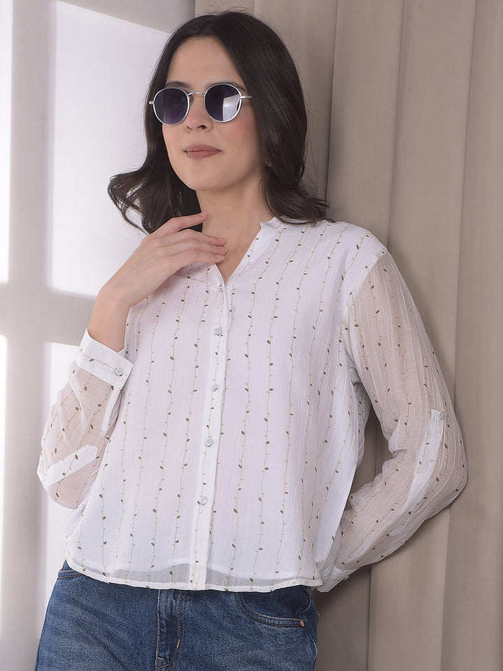 White Botanical Print V-Neck Top