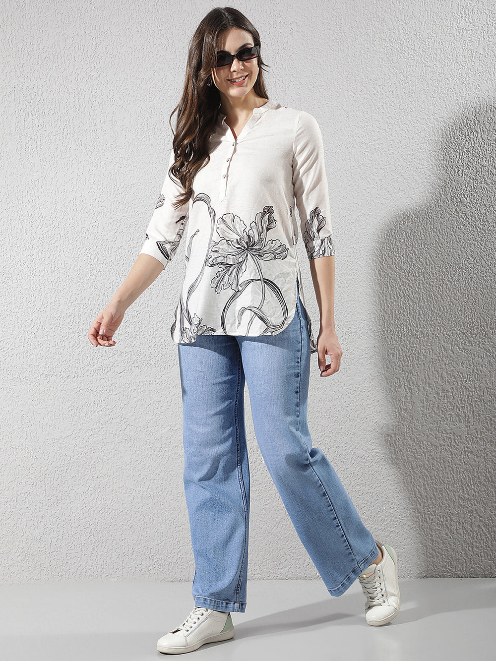White Floral Print V-Neck Longline Top