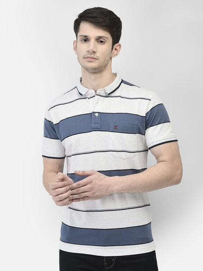 Off White Horizontal Stripes Polo Neck T-Shirt