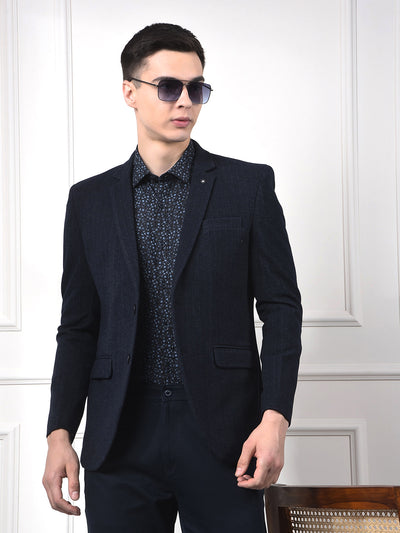 Navy Blue Vertical Stripes Notched Lapel Single-Breasted Blazer