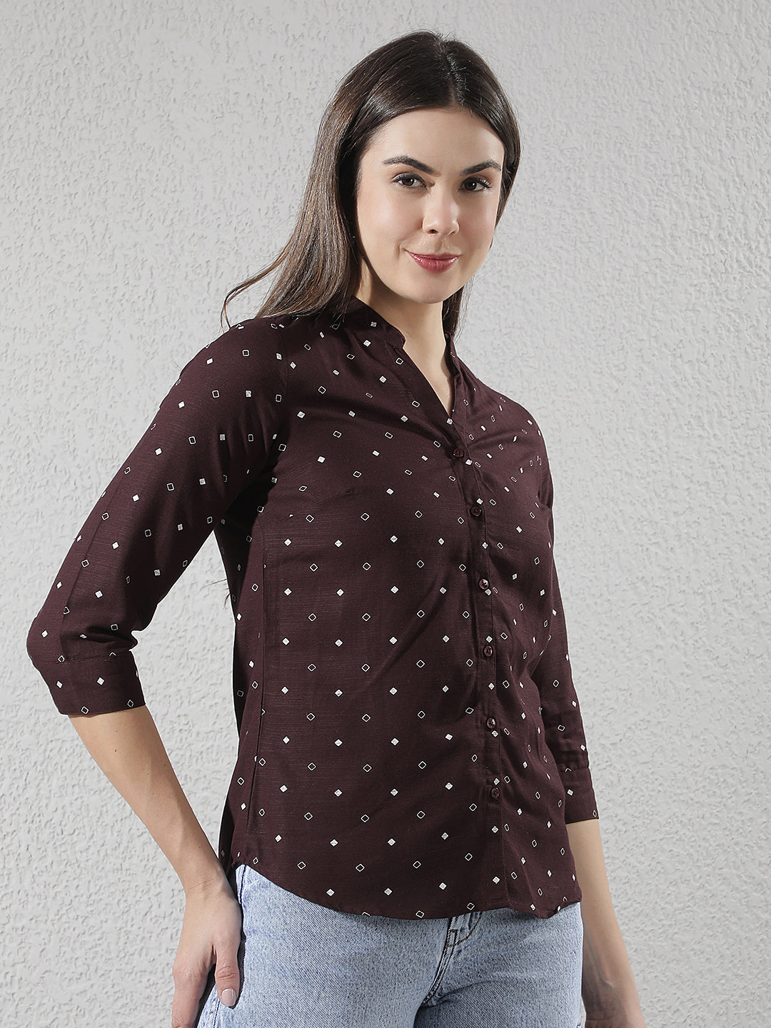Wine Printed V-Neck Linen Shirt