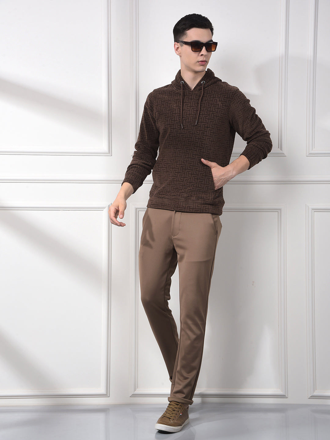 Brown Jacquard Hooded Neck Sweatshirt