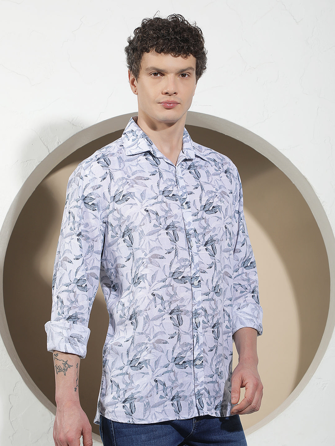 Blue Floral Print Linen Shirt