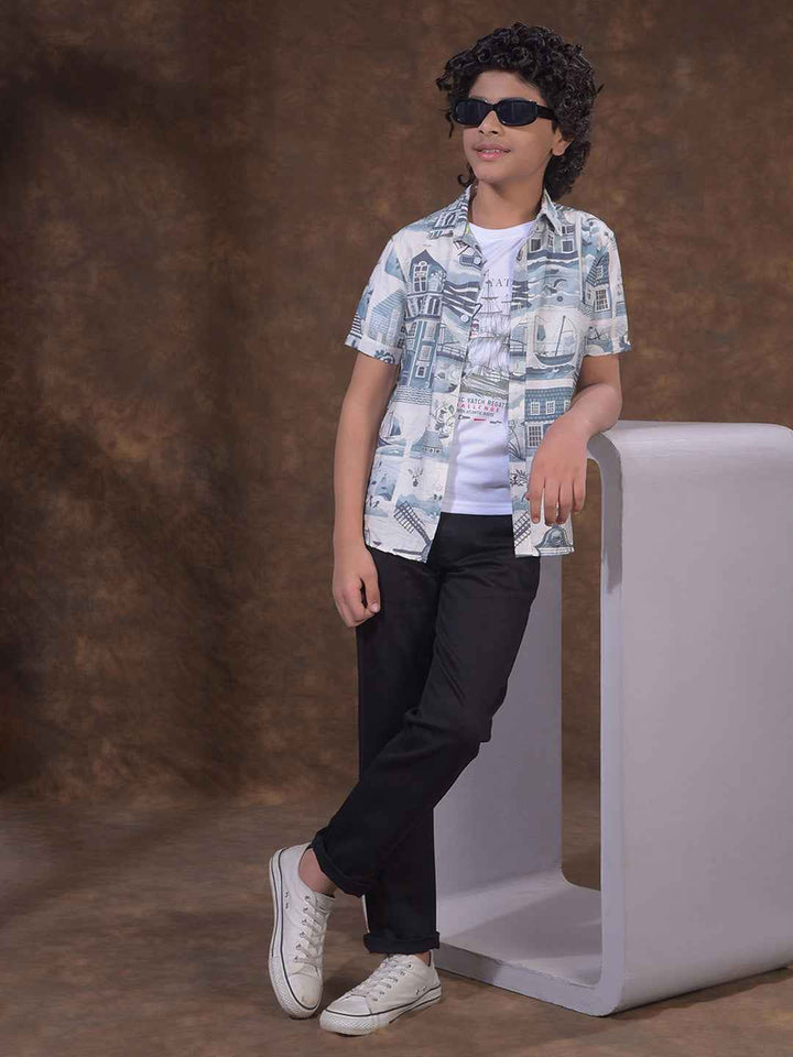 Blue Motif Print Shirt & Tee Set Layered Look