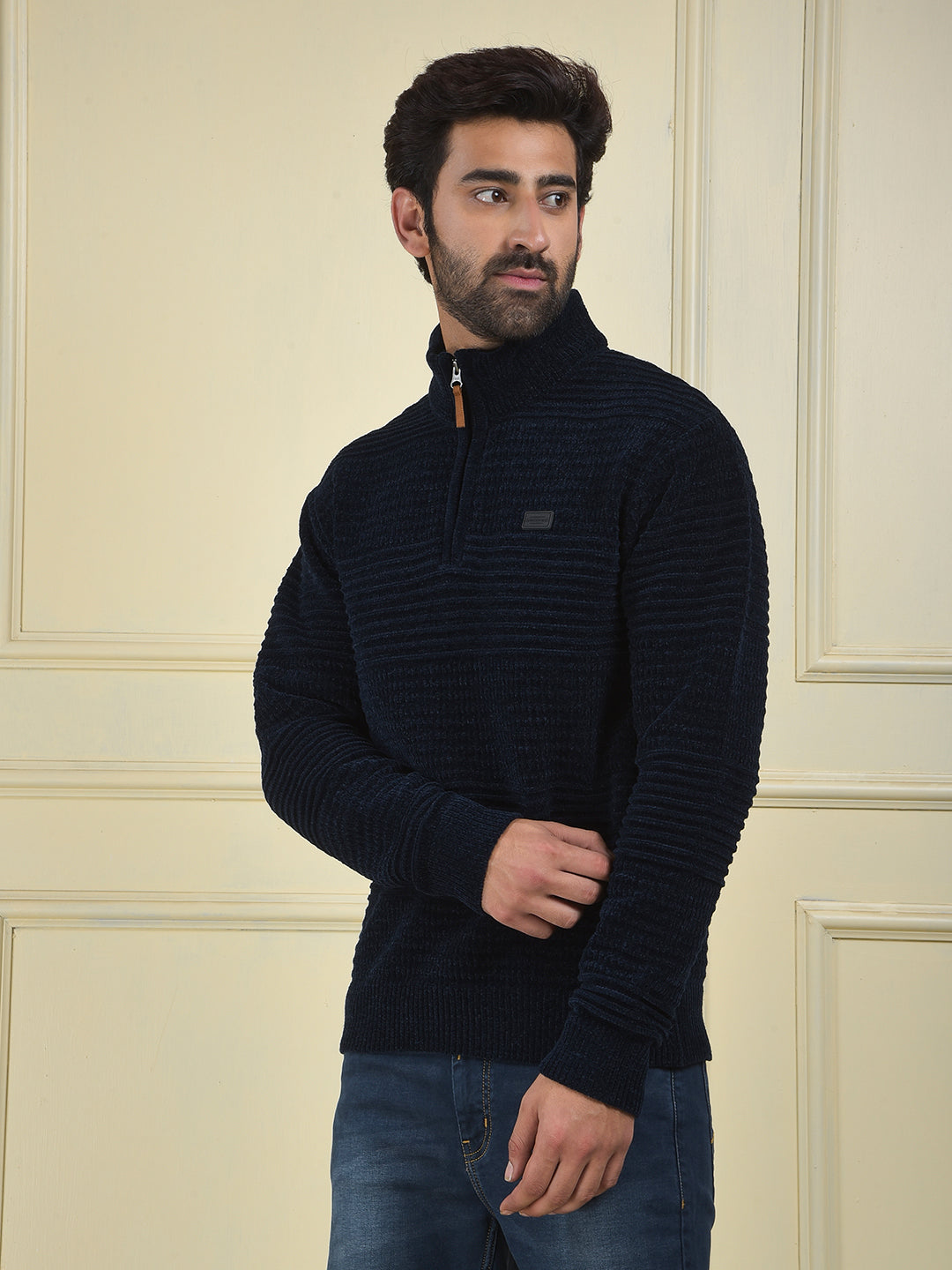 Navy Blue Jacquard Knitted Sweater