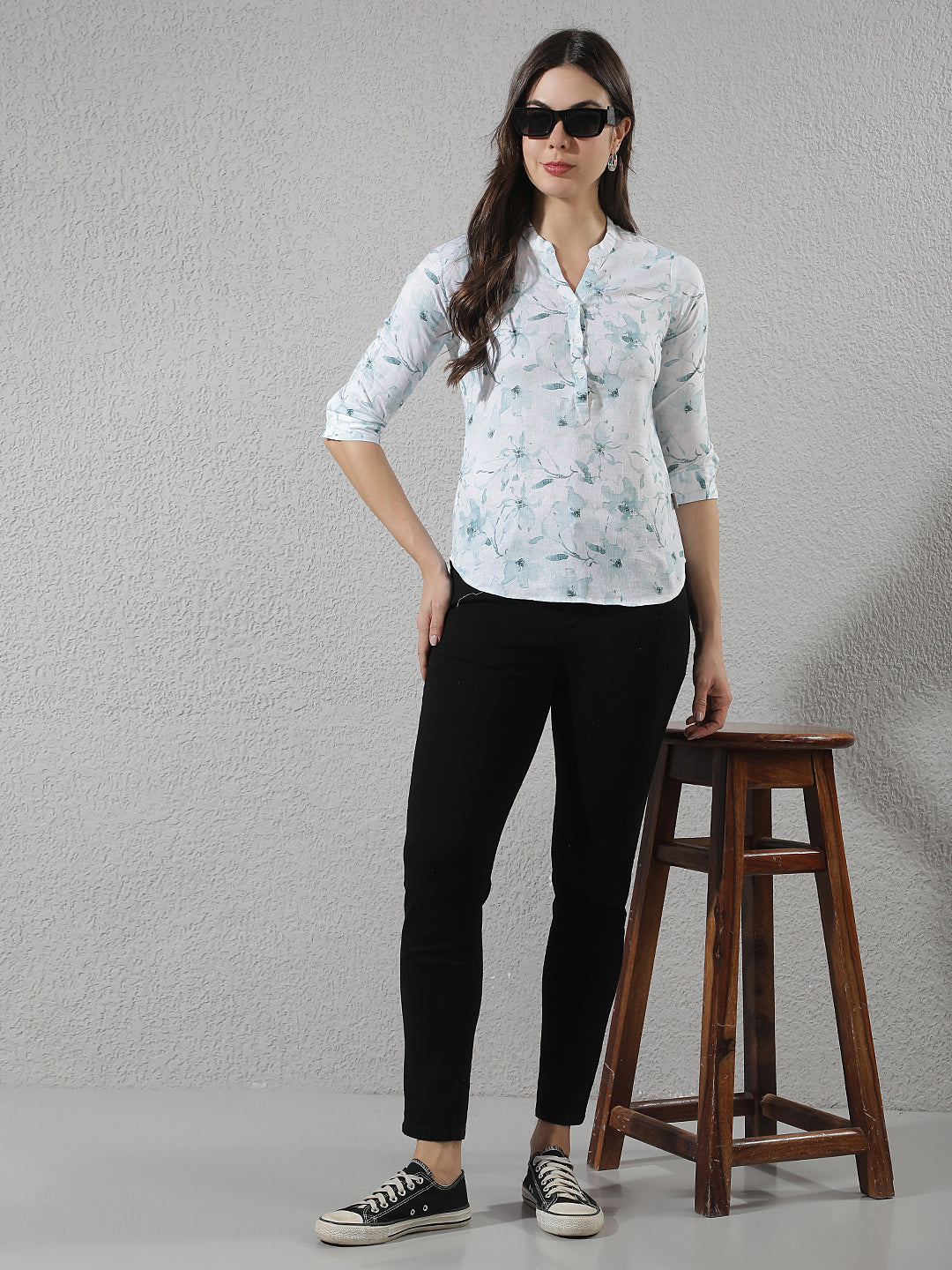 Green Floral Print V-Neck Linen Top