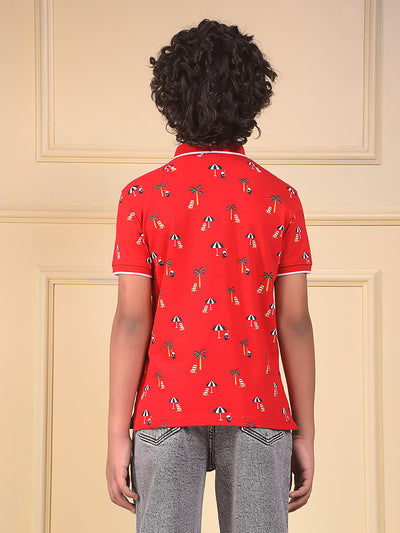 Red Floral Print Polo Neck T-Shirt