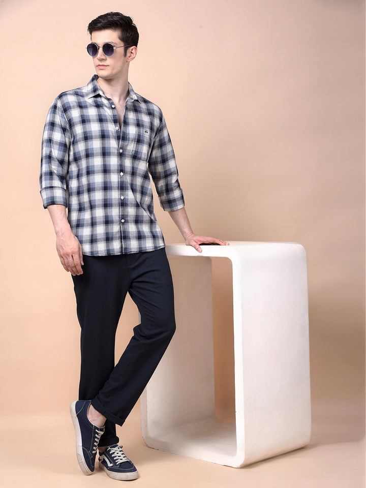 Navy Blue Checked 100% Cotton Shirt