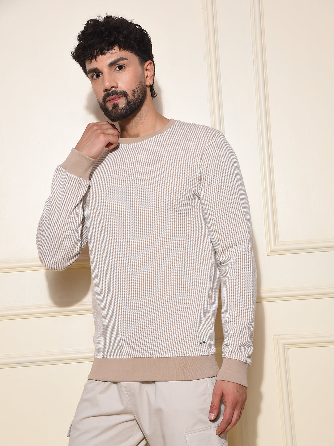 Beige Vertical Stripes Sweatshirt