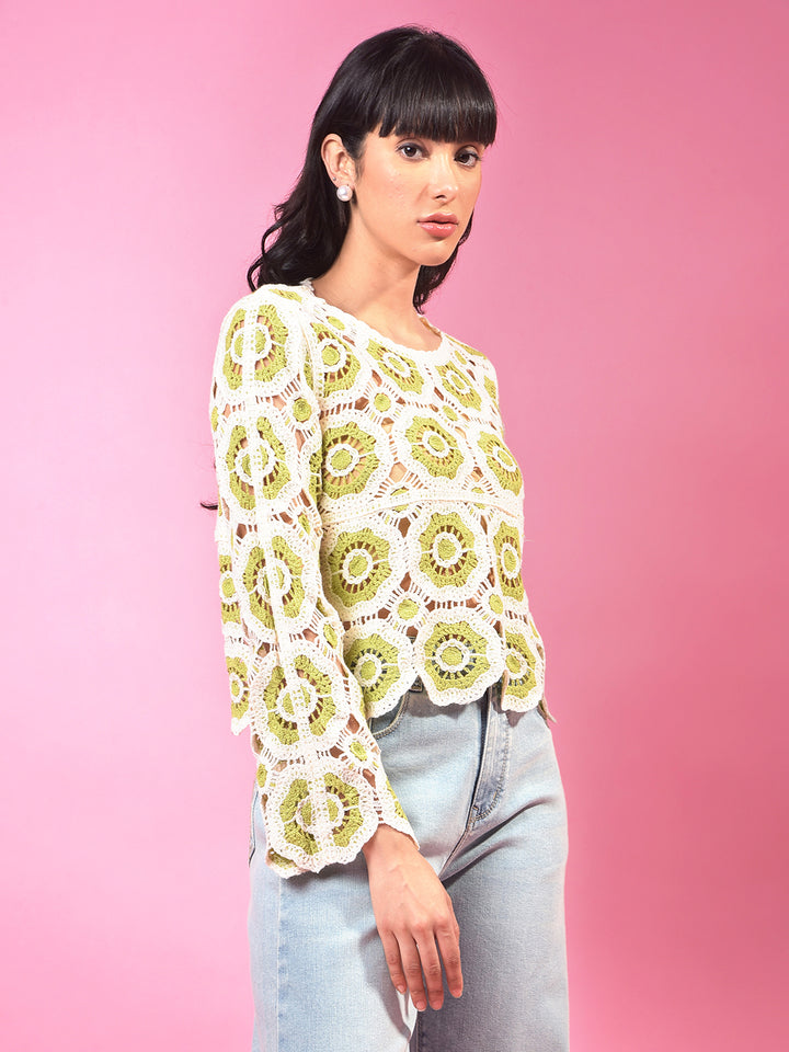 Green Embroidered Crochet Top-Women Tops-Crimsoune Club