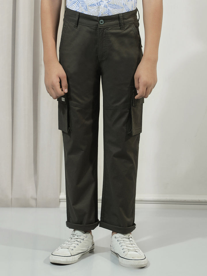 Olive Cotton Straight Stretchable Cargo Trousers