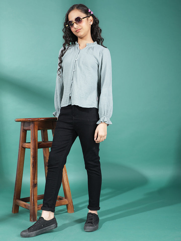 Green Textured V-Neck Top