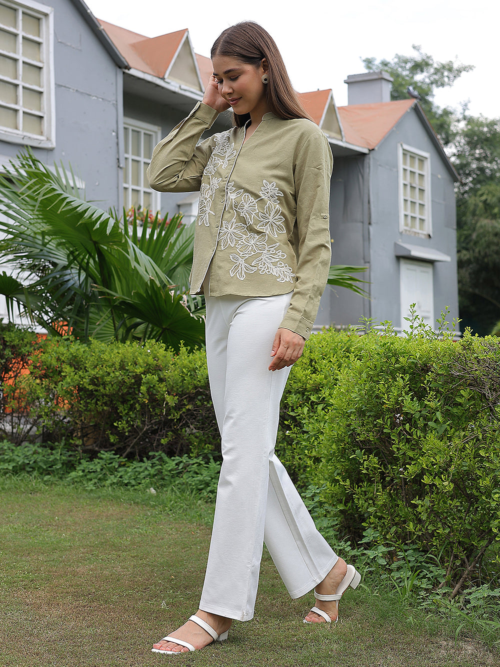 Olive Floral Embroidered V-Neck Shirt