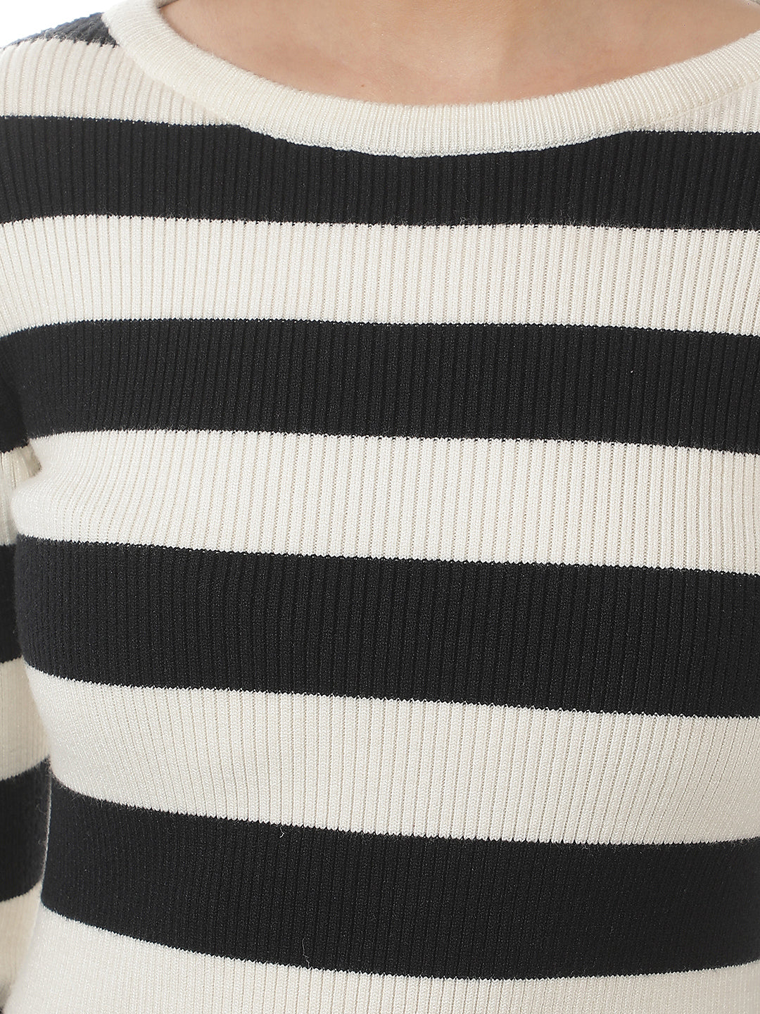 Black Horizontal Striped Bodycon Knitted Midi-Dress