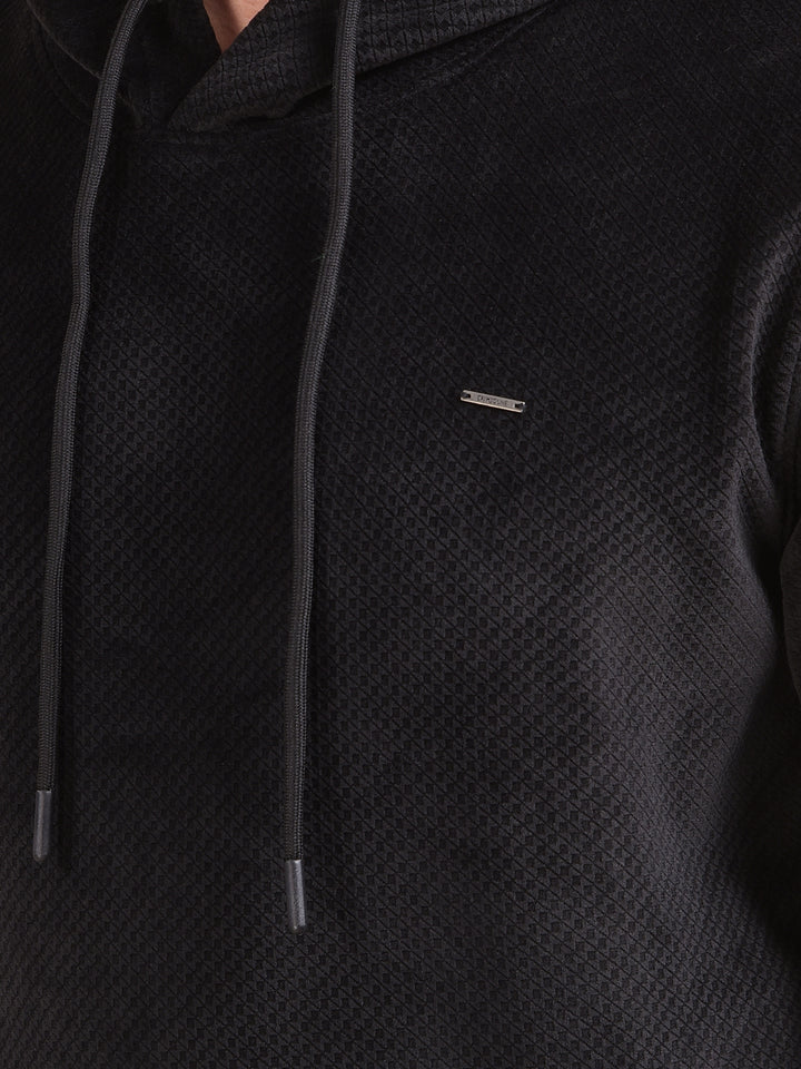 Black Jacquard Hooded Neck Sweatshirt