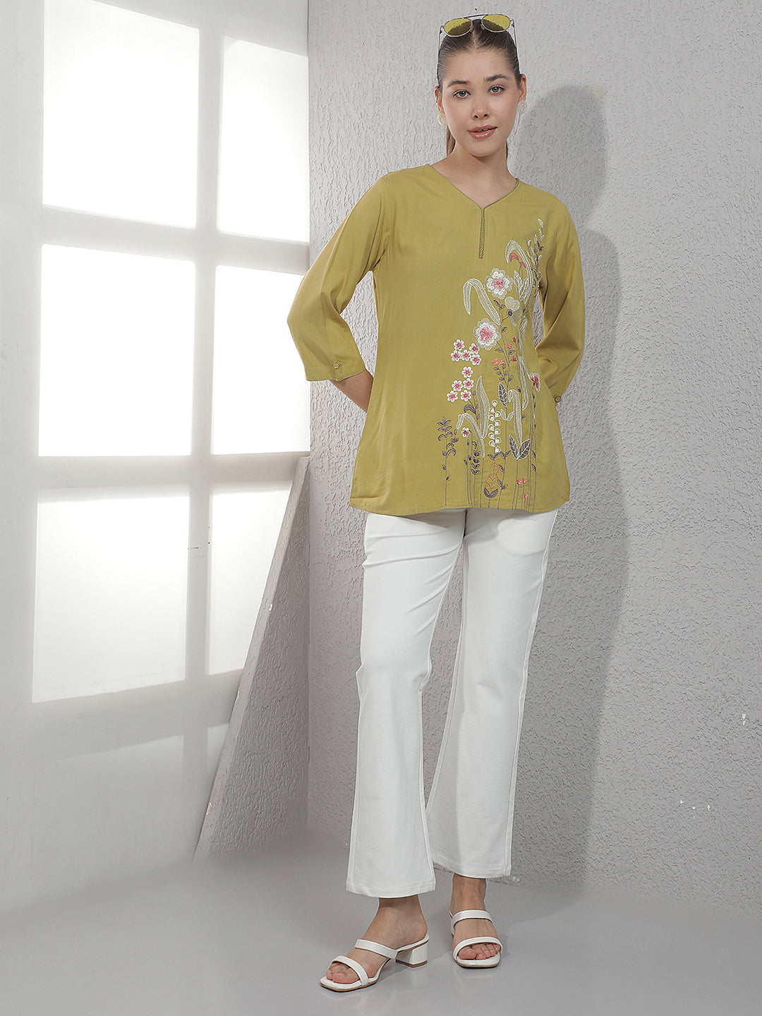 Green Embroidered V-Neck Top