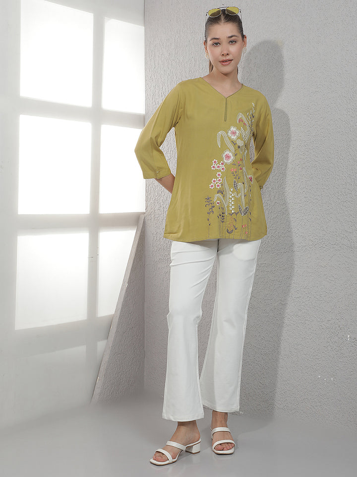 Green Embroidered V-Neck Top