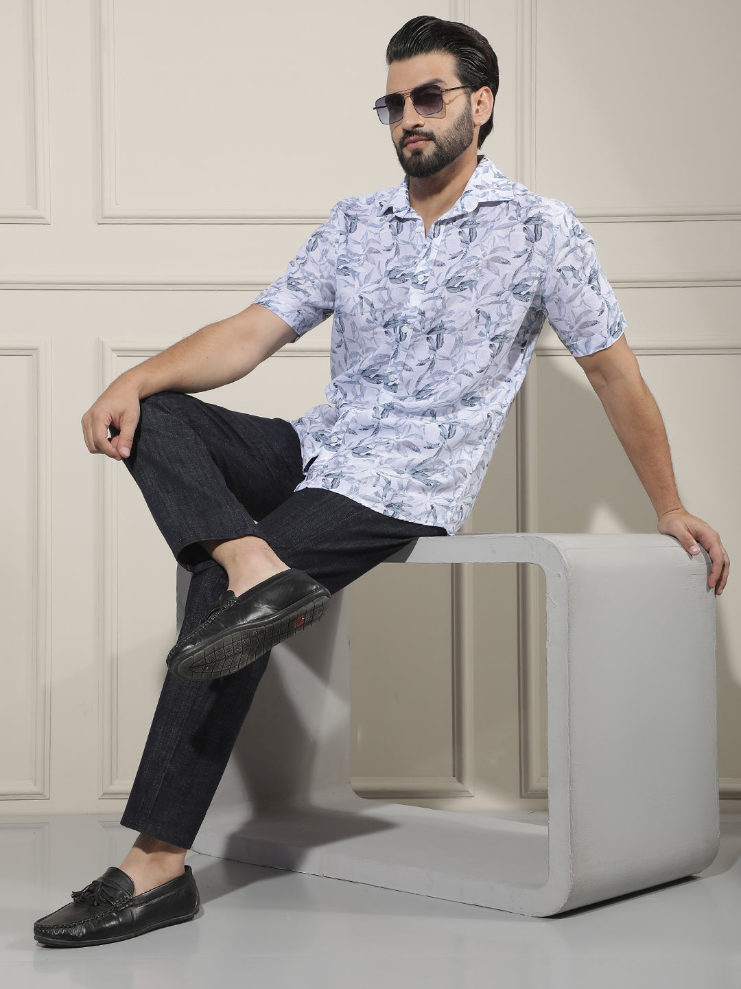 Blue Floral Print Linen Shirt