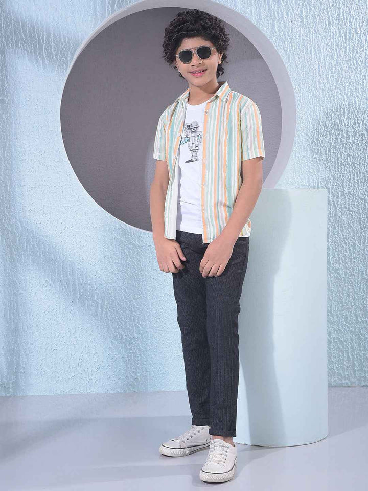 Green Vertical Striped Layered Shirt with T-Shirt