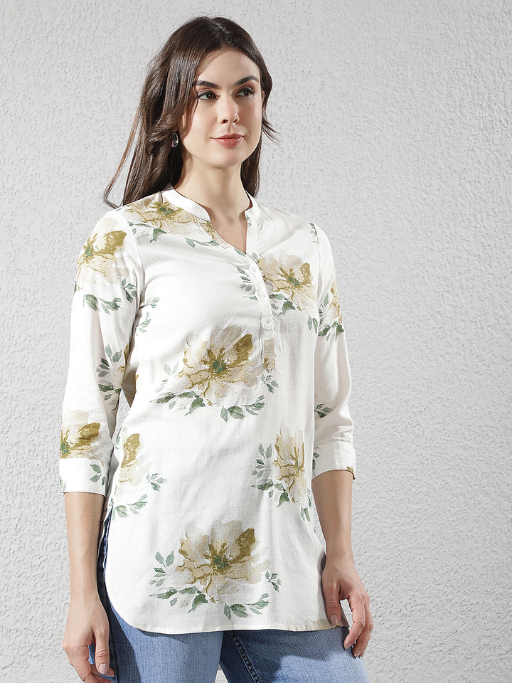 Green Floral Print Longline Linen Top
