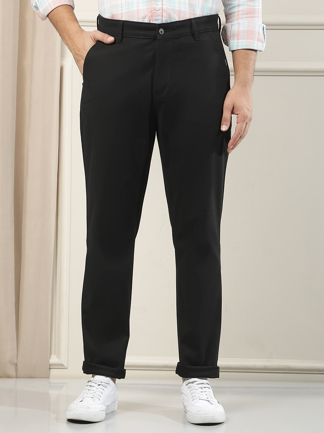 Black Cotton Stretchable Dobby Trousers