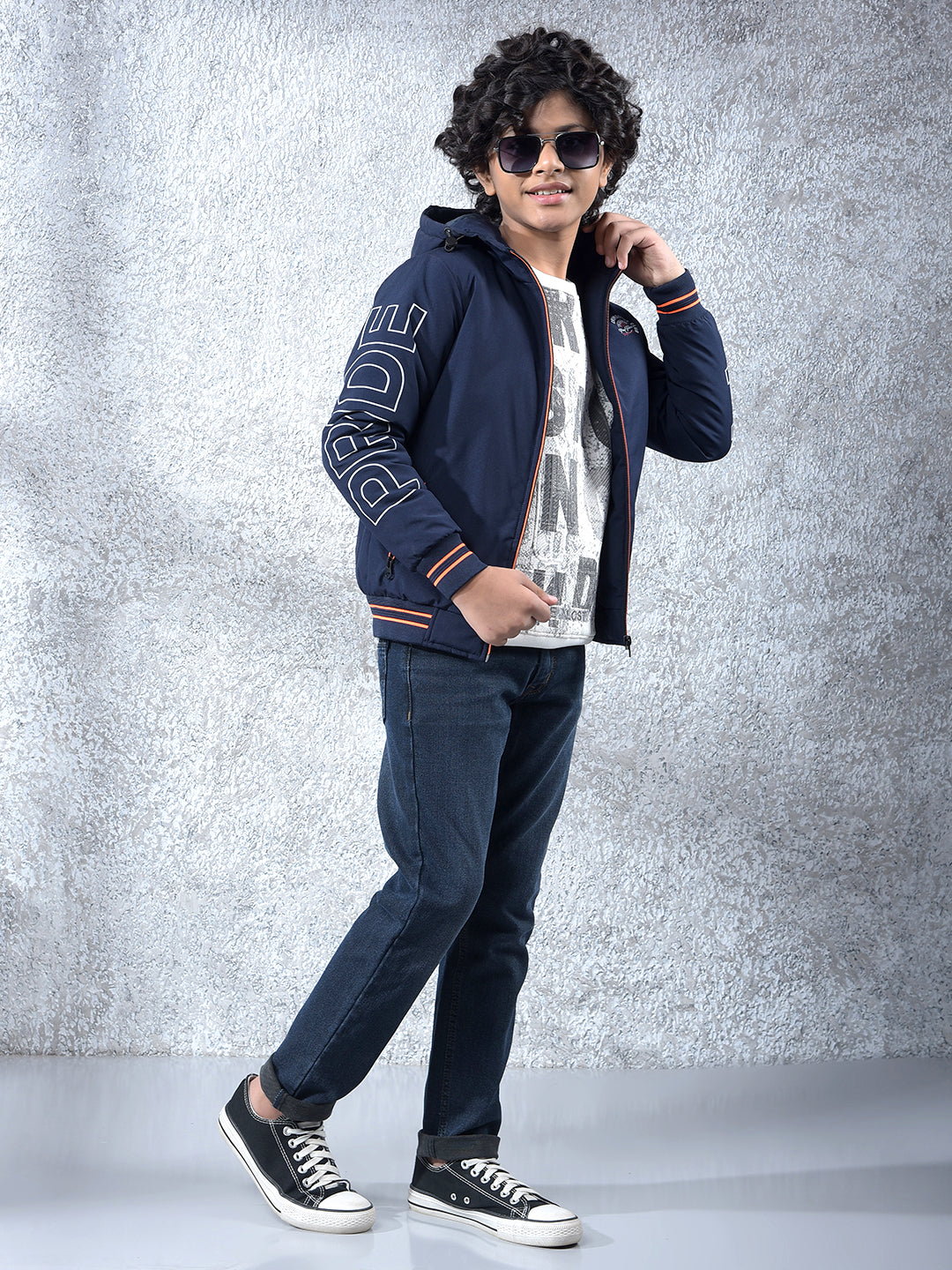 Navy Blue Typographic Print Hooded Neck Bomber Jacket