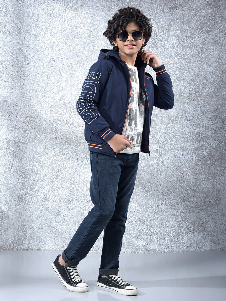 Navy Blue Typographic Print Hooded Neck Bomber Jacket