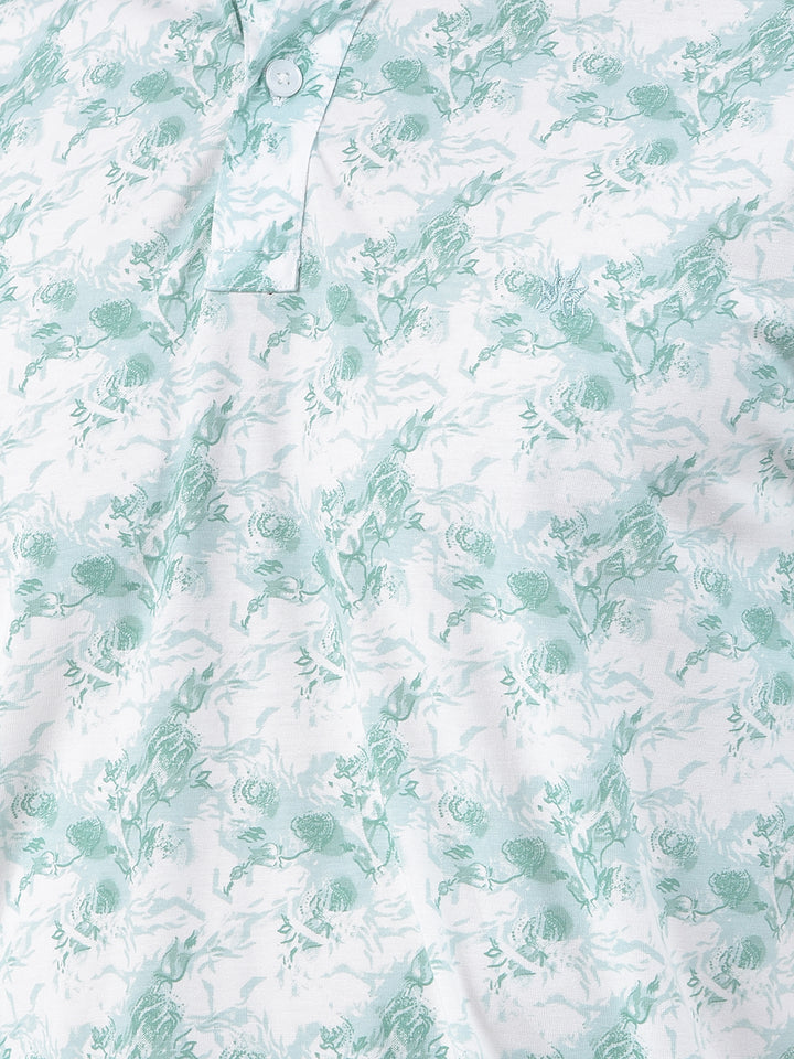 Green Floral Print Polo Neck T-Shirt