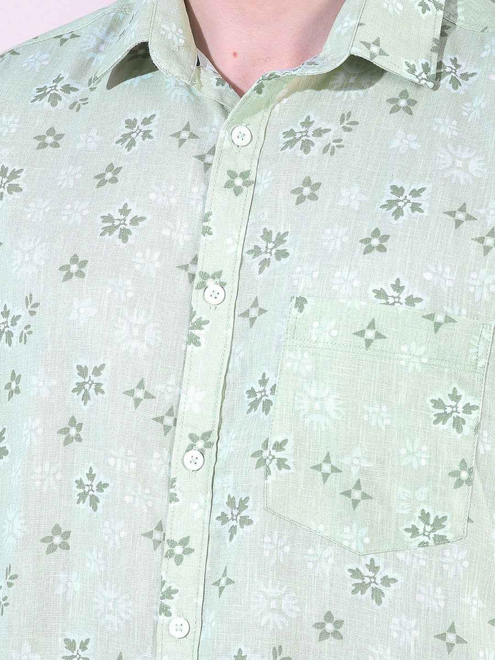 Green Linen Floral Print Shirt