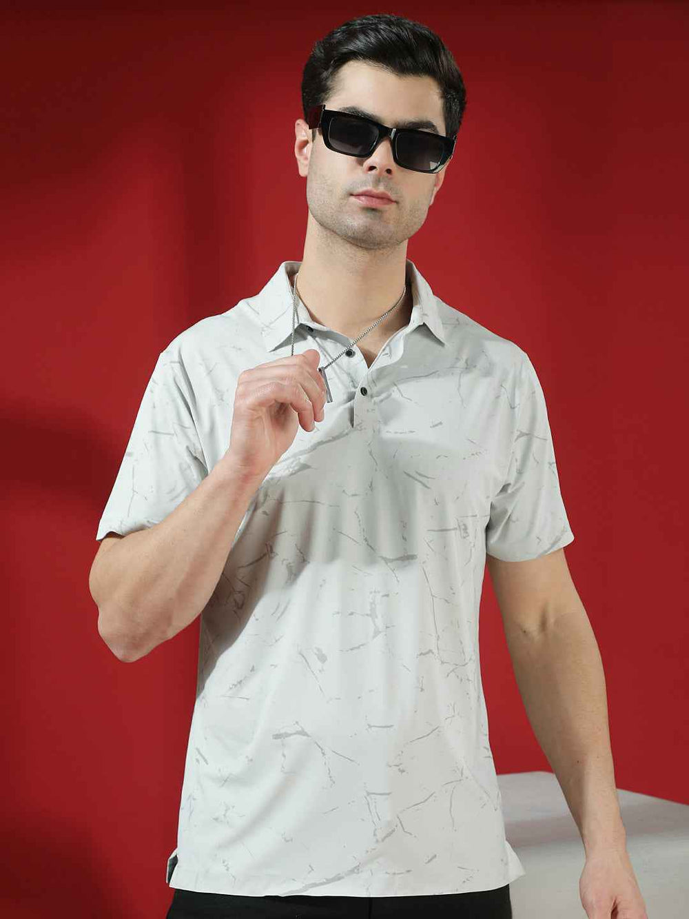 Grey Marble Print Polo T-Shirt
