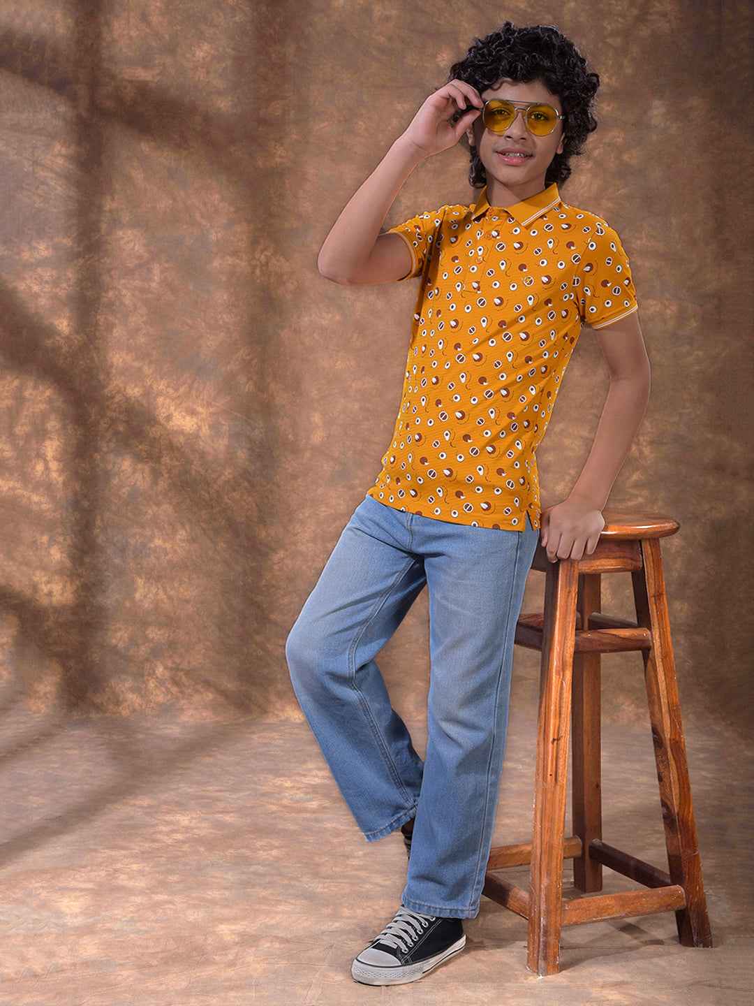 Mustard Printed Polo Neck T-Shirt