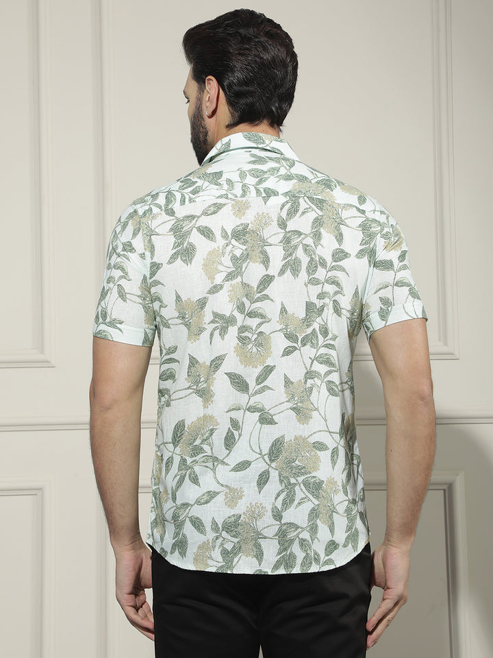 Green Floral Print Linen Shirt
