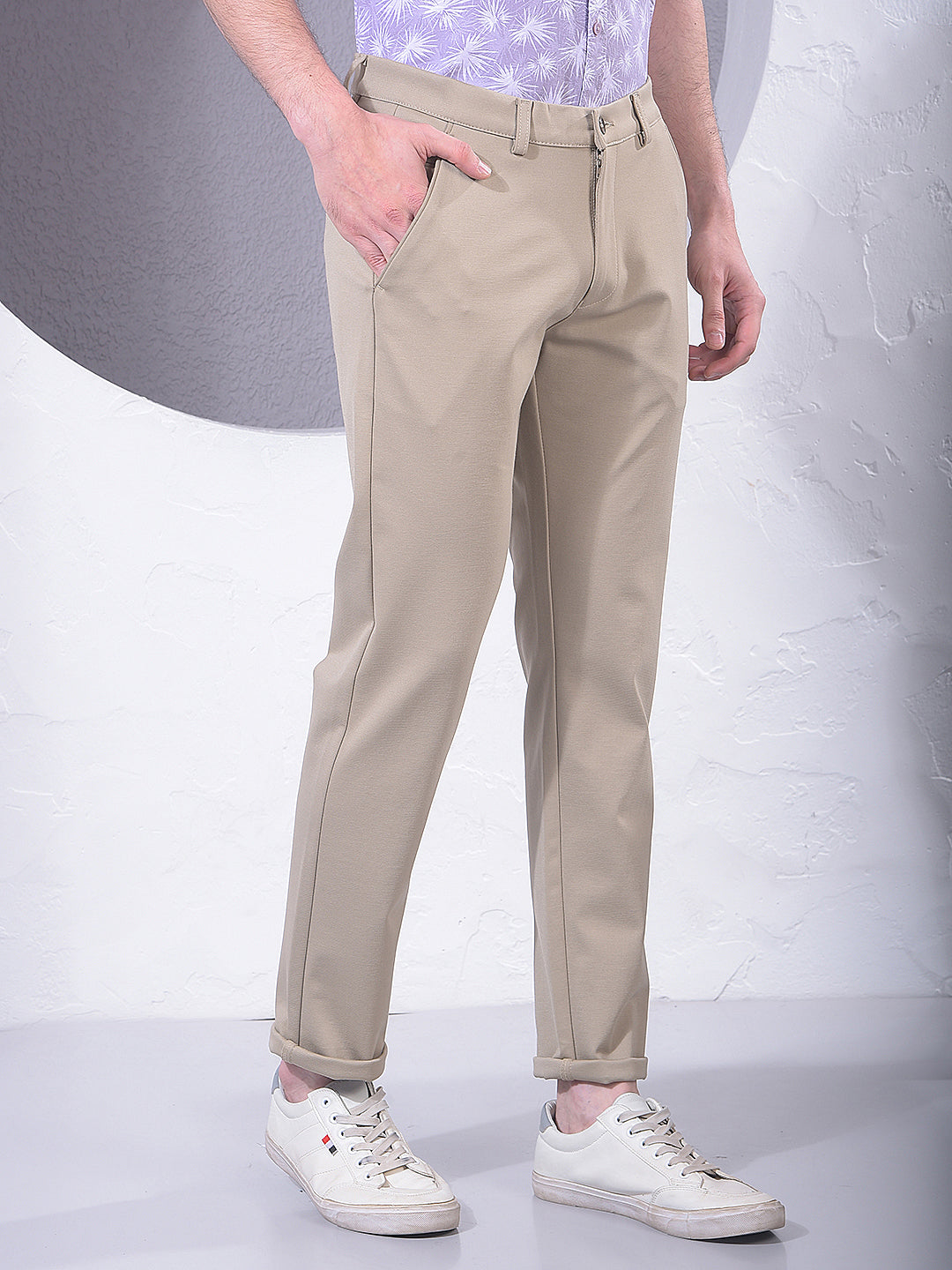 Beige Printed Knitted Trousers