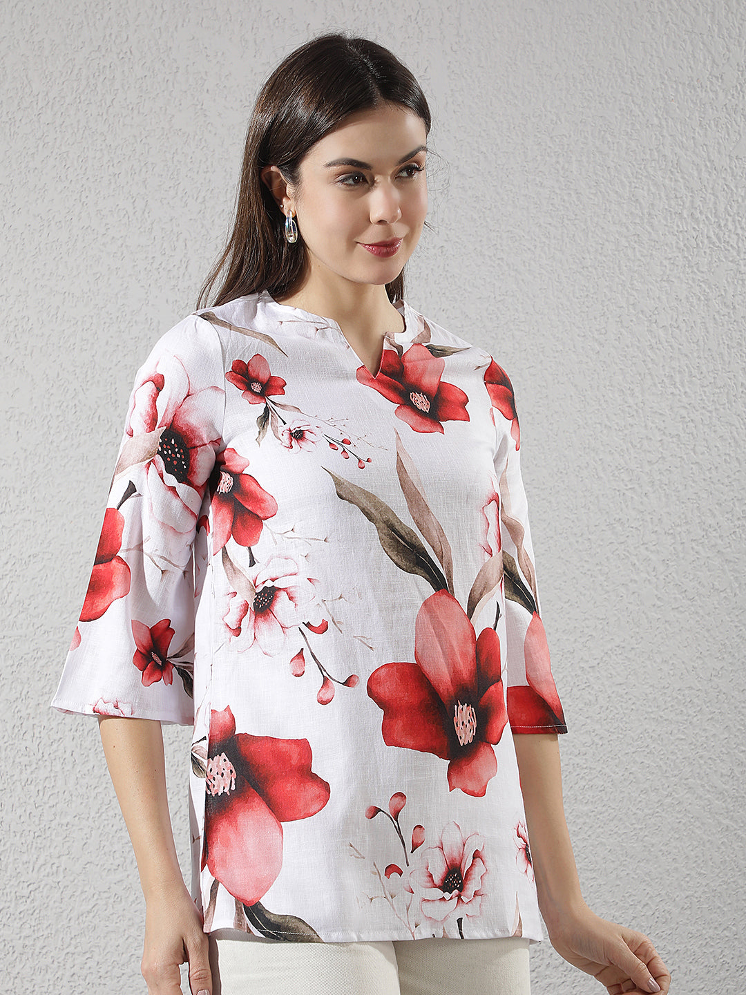 Red Floral Print Oversize Linen Top