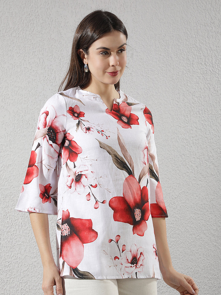 Red Floral Print Oversize Linen Top