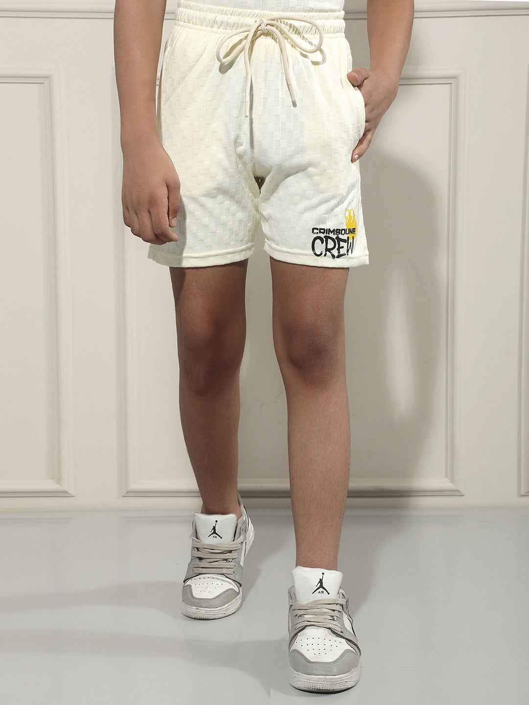 Cream Jacquard Textured Casual Shorts