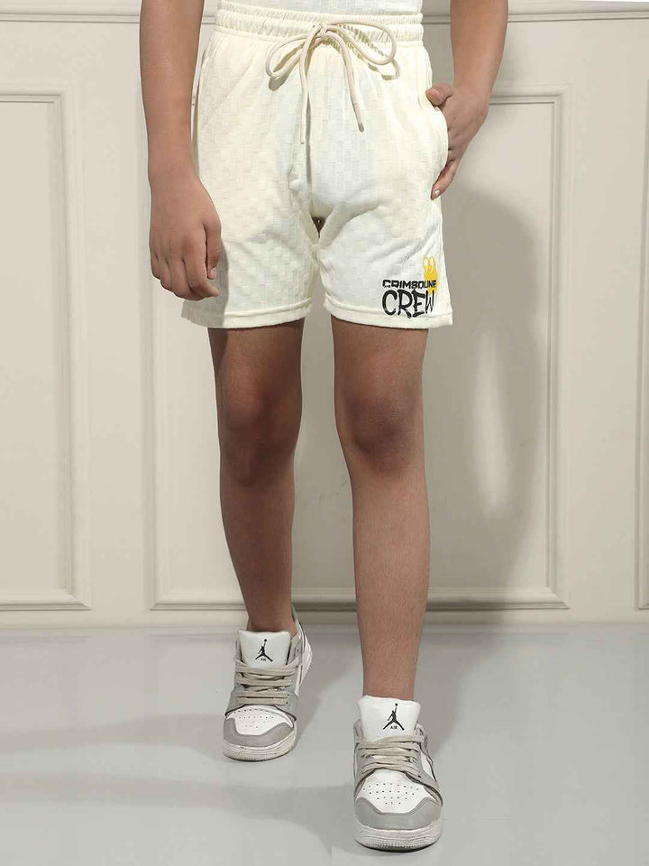 Cream Jacquard Textured Casual Shorts