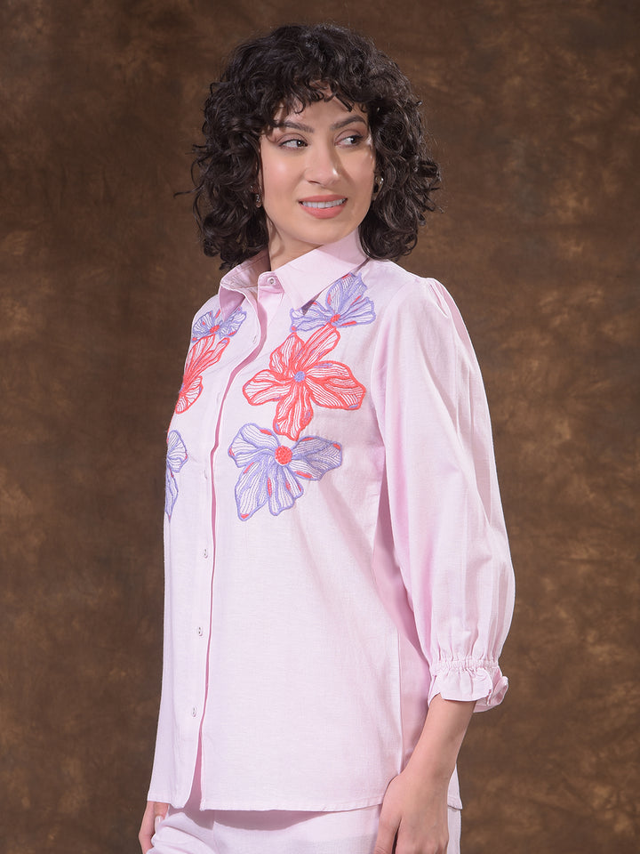 Structured Coral Pink Embroidered Shirt
