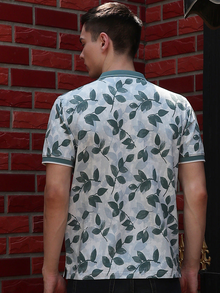 Blue Floral Print Polo Neck T-Shirt