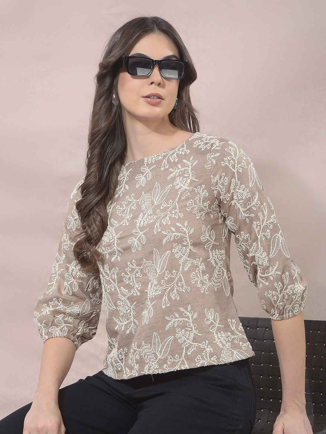 Beige Floral Embroidered Top