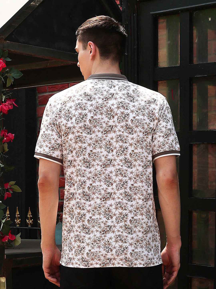 Brown Floral Print Polo Neck T-Shirt