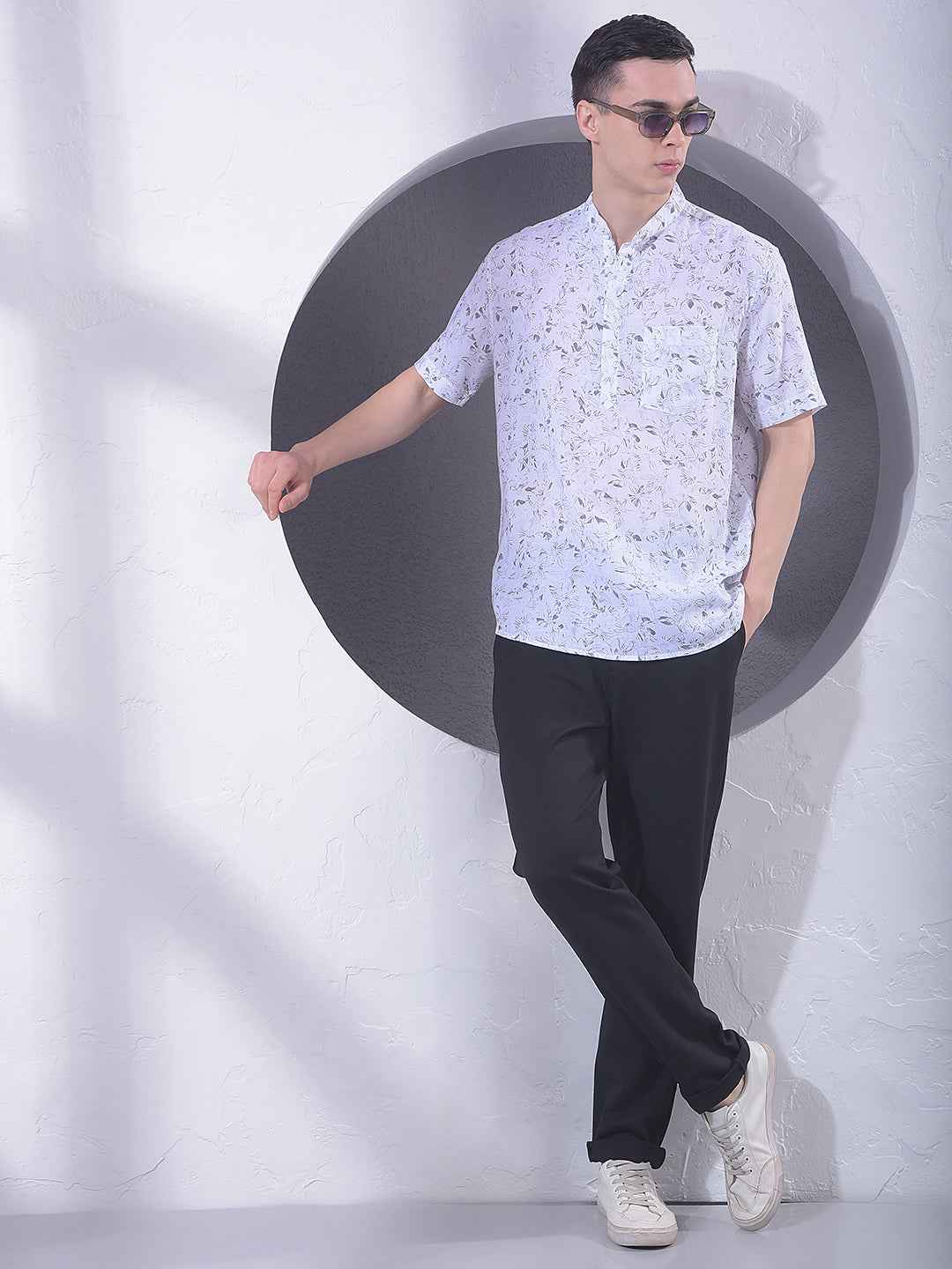 White Floral Print Linen Kurta