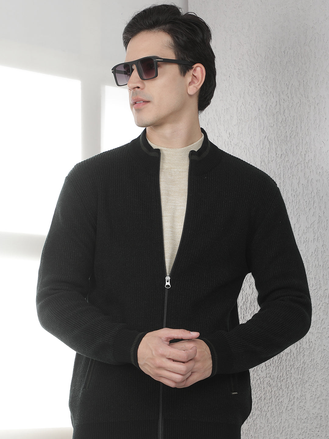Navy Blue Jacquard Knitted Cardigan