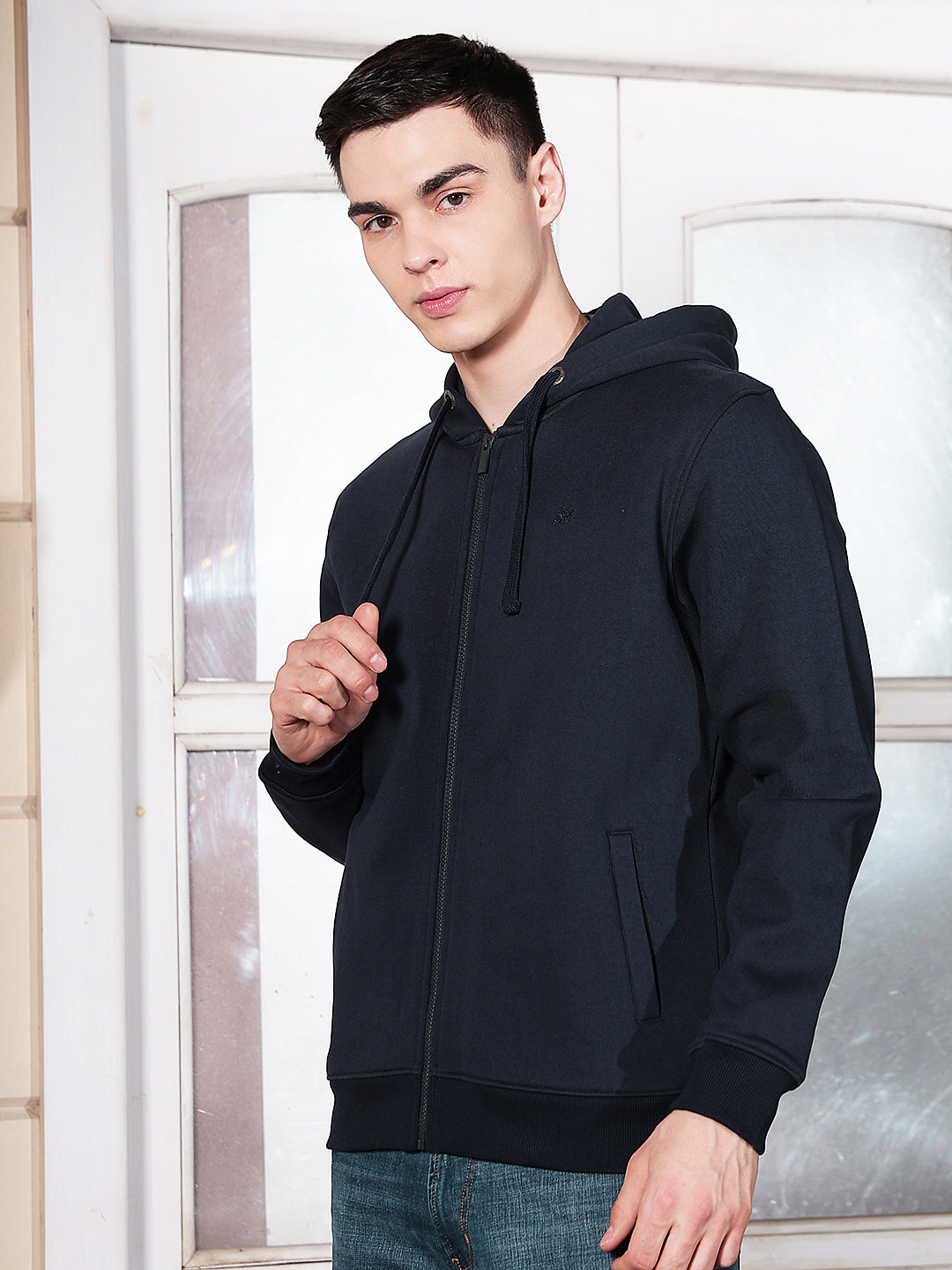 Navy Blue Hooded Neck Front Open Sweatshirt