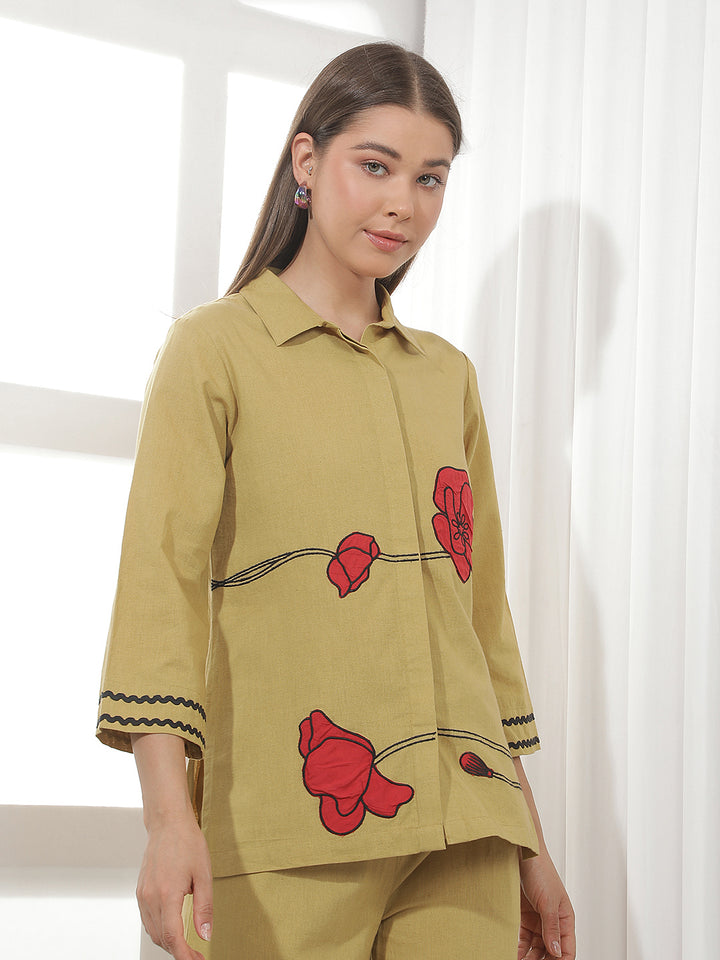 Beige Floral Embroidered Shirt