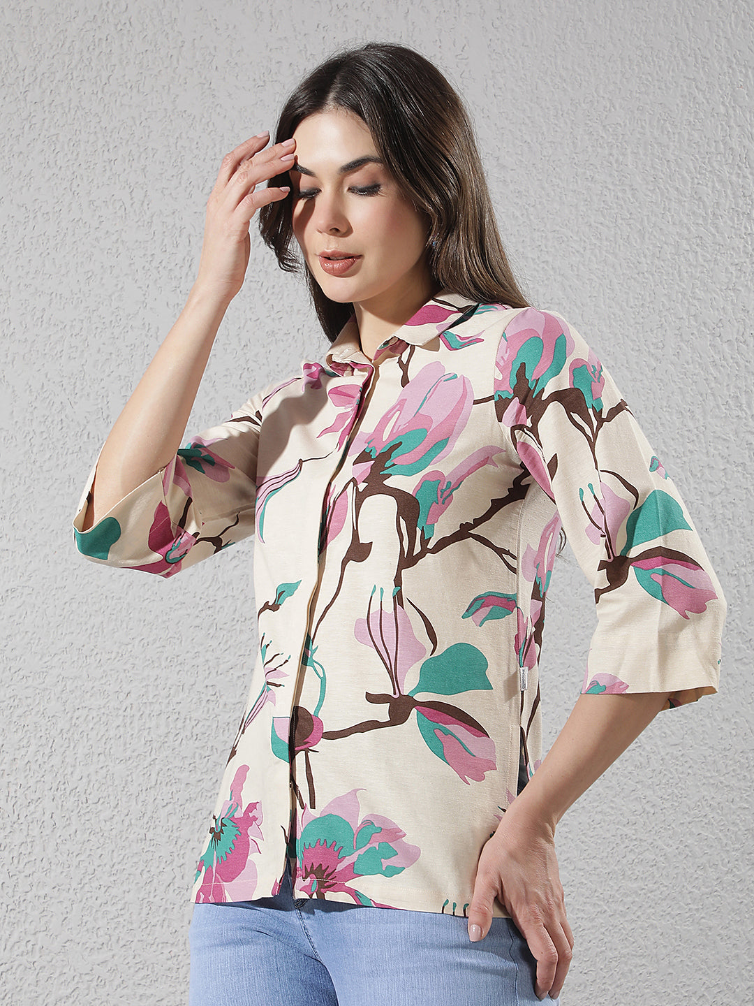 Pink Floral Print Linen Shirt