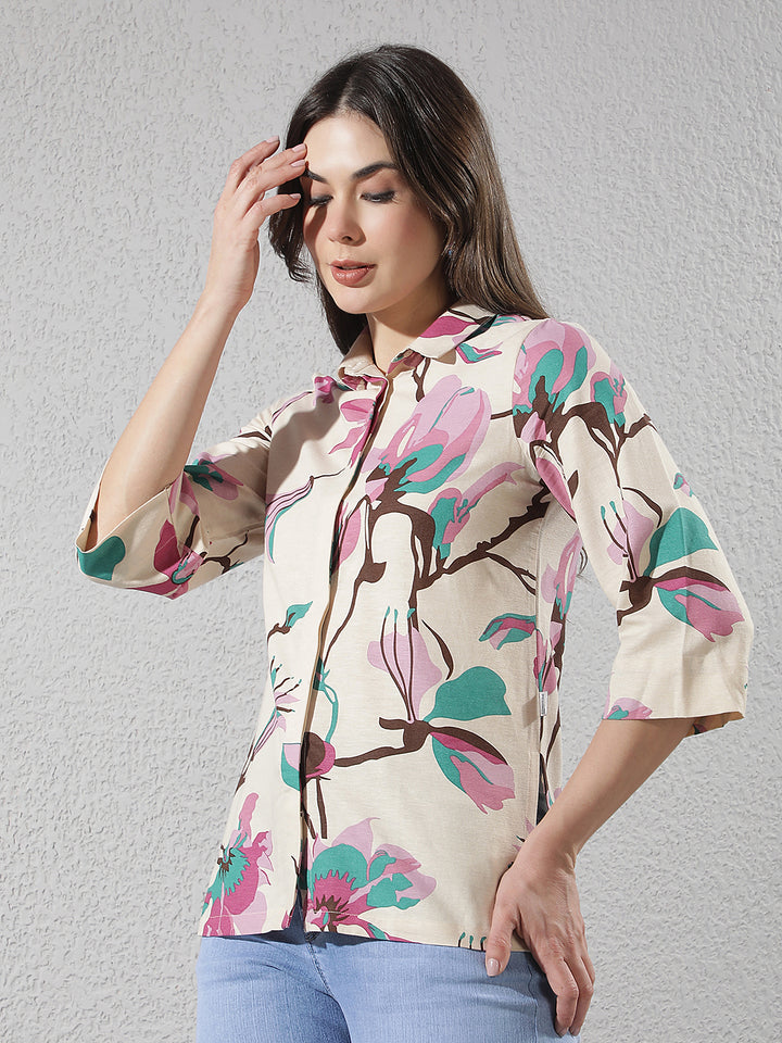 Pink Floral Print Linen Shirt